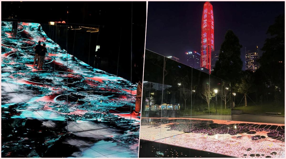 市民廣場南廣場上的光影裝置,是一條透過光與鏡面的效果設計成的環形隧道,會隨步伐而改變形態,極具科幻感。(網上圖片)