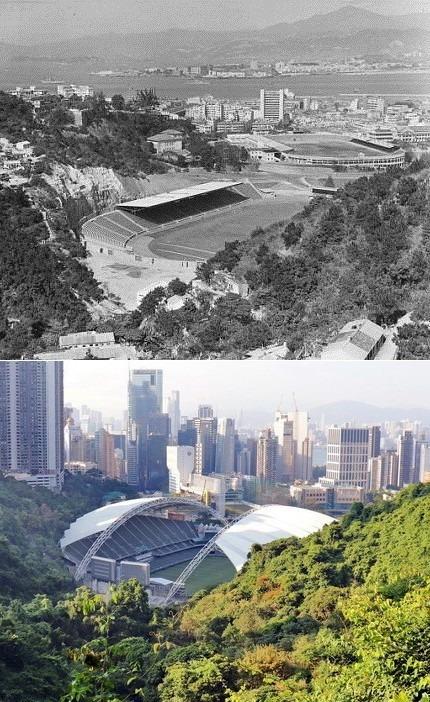 香港大球場曾經歷翻新重建,四周面貌和景觀出現不少變化。上圖估計是1960年代,下圖是千禧年後的面貌。(圖片來源:香港舊照片FB/Leung Wing Hin)