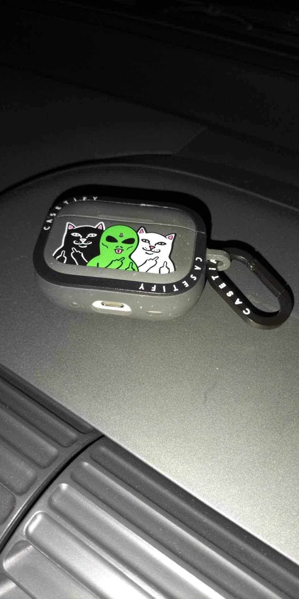 失主的AirPods,保護套疑為RIPNDIP與CASETIFY的聯名設計的「中指貓」。(網上圖片)