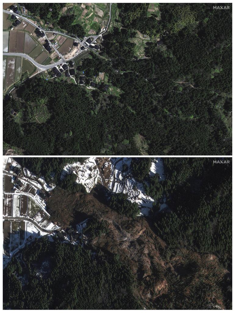 輪島市一處地區因地震導致山泥傾瀉,圖為事發前後的對比。(美聯社)