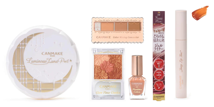 CANMAKE MOKO店開幕美妝福袋:包括月光提亮粉底G02、混色遮瑕#02、柔滑眼線筆#06、果漾唇彩#03、花漾瑰麗胭脂#15及甲油基底色#07。