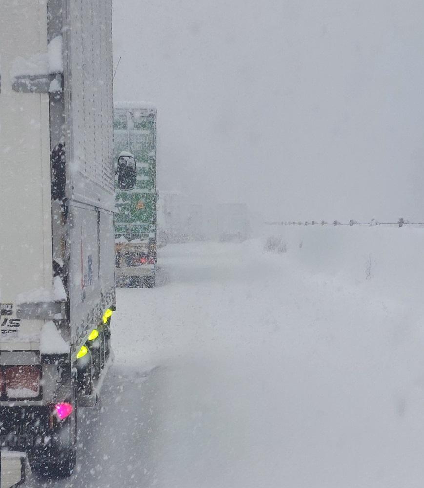 大量貨車在大雪中受困。(X)