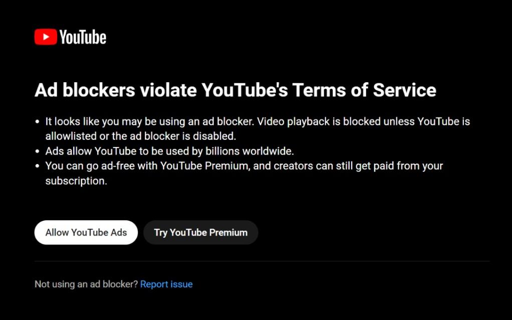 YouTube早前稱使用adblock違反使用規約。(網頁截圖)