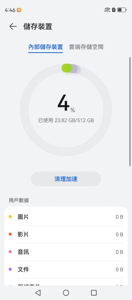 華為手機 nova 12 Pro512GB 版本扣除 HarmonyOS 4.0 系統後,用戶仍有約488GB 空間可使用