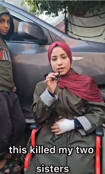 接受賈穆斯訪問的巴勒斯坦女子講述其慘況,包括自己兩名姊姊在戰爭中喪生,自己受重傷須截肢。(互聯網)