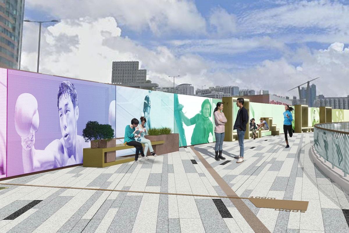 「體育星光大道」項目會美化隔音屏障,以貼紙或馬賽克壁畫形式,展示在不同體育項目有突出表現的香港運動員的圖像。(區議會文件截圖)