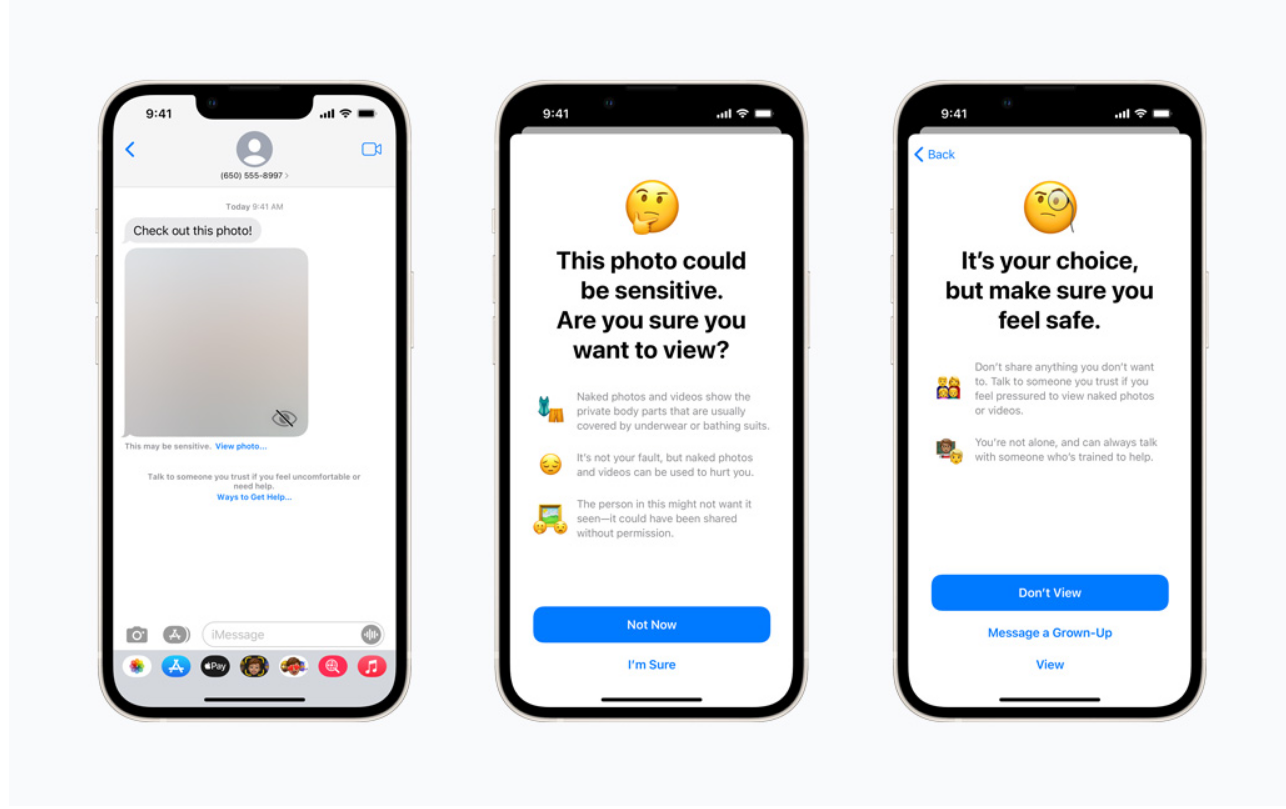 在接收或發送包含裸露內容的照片時,可以消息警告兒童。