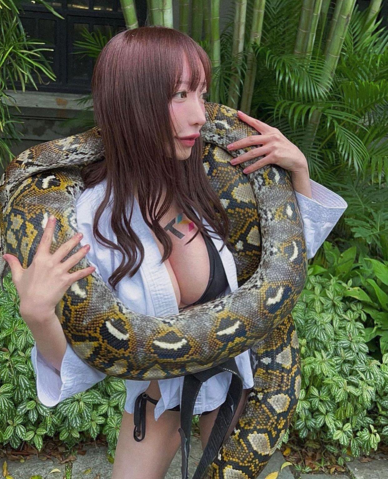 清水藍里到台灣開工不忘玩蛇。