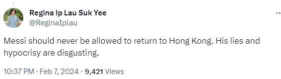 行政會議召集人、新民黨主席葉劉淑儀昨晚在社交平台X發文,稱港人痛恨美斯、國際邁阿密及風波「背後的黑手」,刻意且有計算地冷待香港。葉劉又指美斯的「謊言和虛偽令人厭惡」,認為「以後應不准美斯再來香港」。