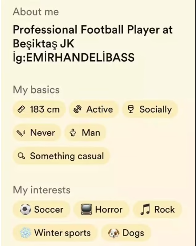 迪利巴斯在交友程式的個人介紹。(網上圖片)