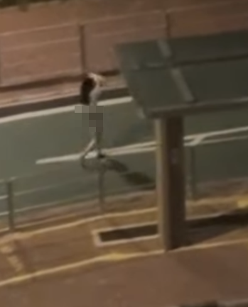 女方突情緒激動,跑出馬路橫越4條行車線到一巴士站,脫下鞋子及長褲丟在地上,然後再次走出馬路,邊走邊脫下白衣短袖上衣至半裸,只餘下內褲。(網上影片)