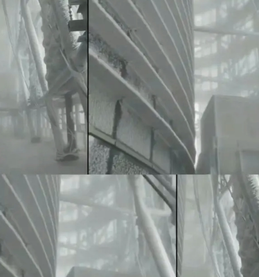 「中國第一高」地標建築、上海中心大廈高層被白霜覆蓋,外牆亦出現結冰。經了解,積雪部位是大廈露天區域,不對外開放,大廈封閉部分出入口防墜落傷人。