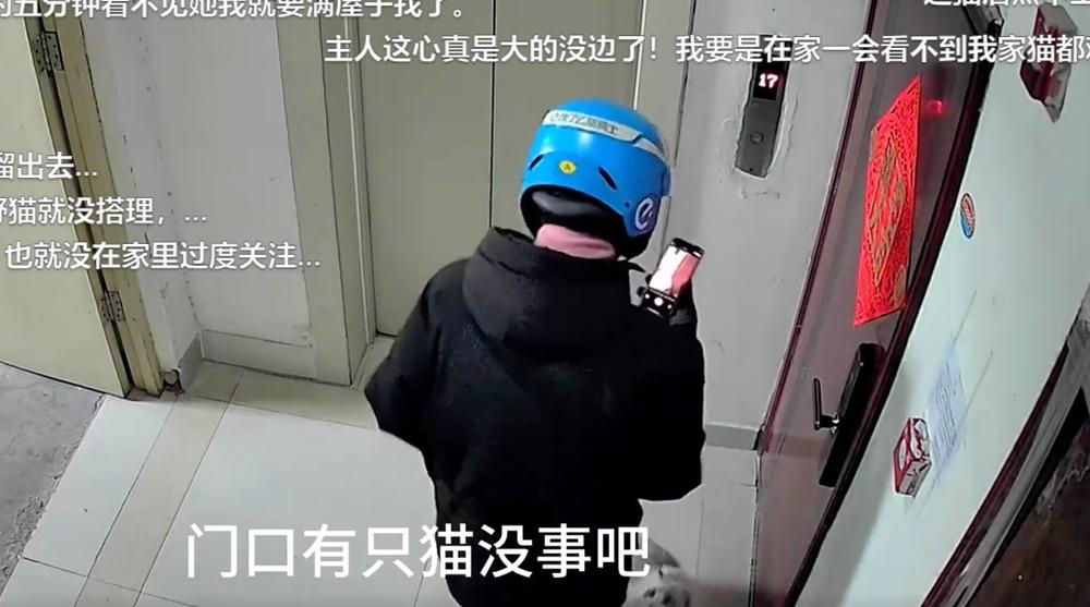 外賣哥哥看了看腳邊的貓咪,就多口詢問:「門口有隻貓,沒事吧?」(微博)
