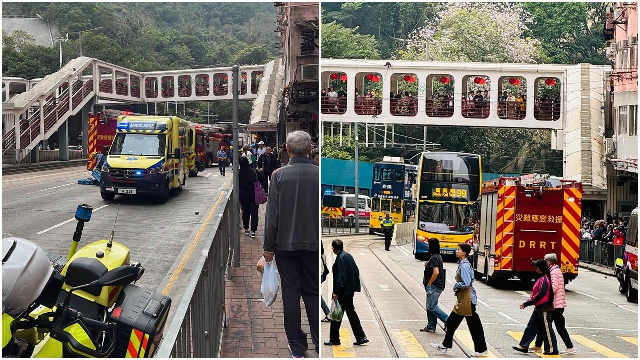 鰂魚涌英皇道下午有男子墮樓,跌插巴士車頂。(香港突發事故報料區@fb圖)