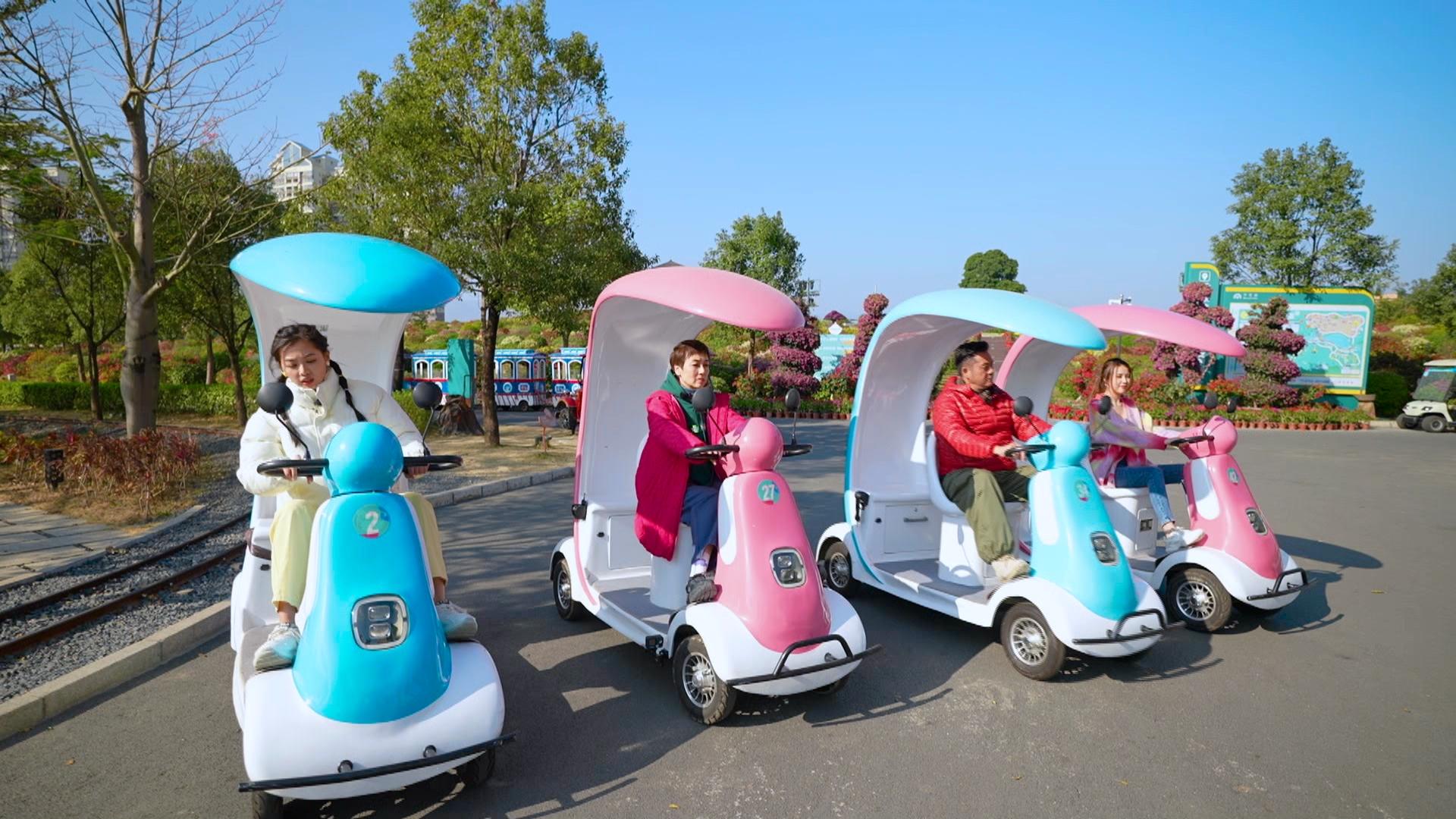 四人在千花洲生態園區體驗「自駕遊」,又到花海風車打卡。