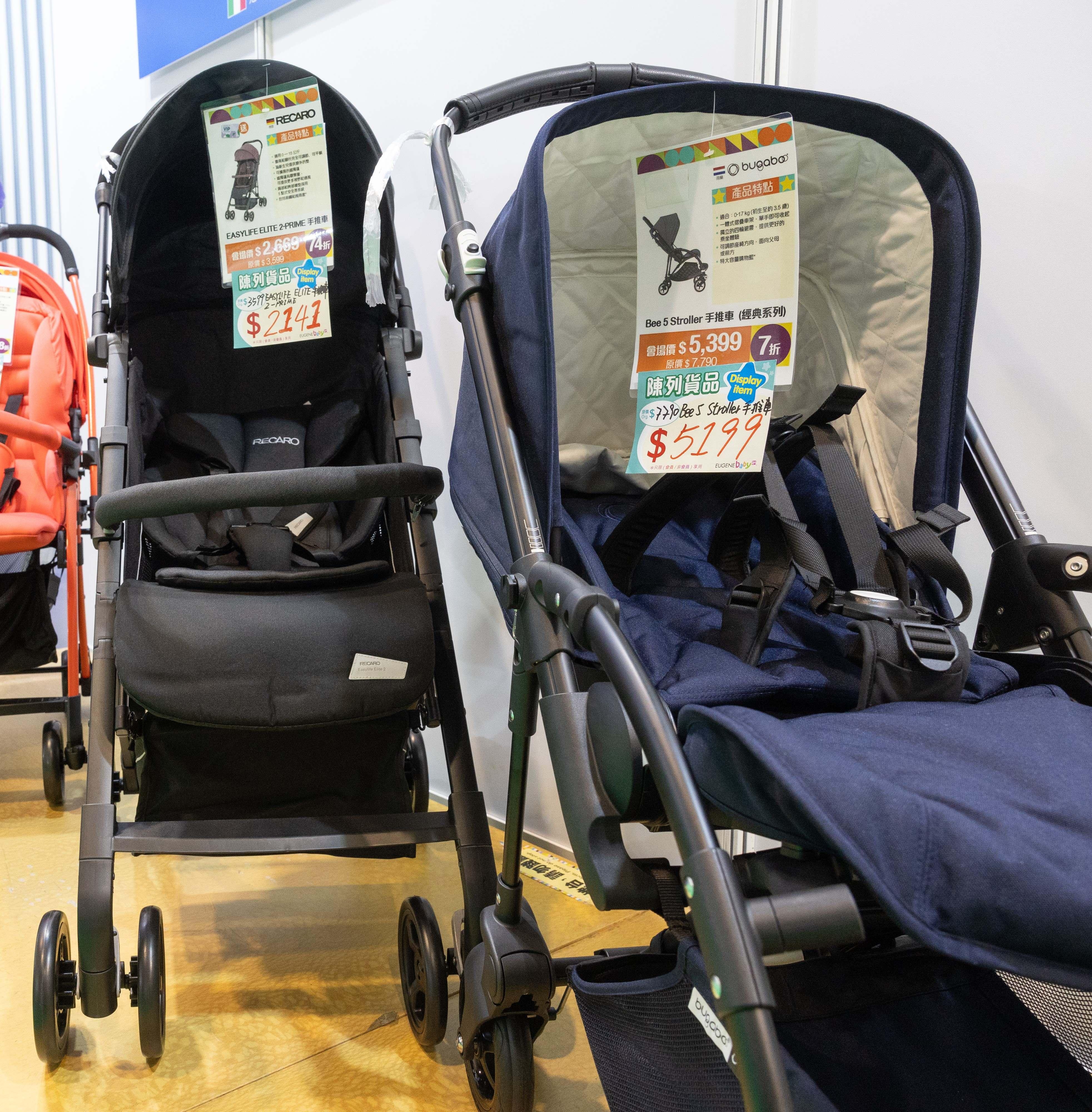RECARO EASYLIFE ELITE 2-PRIME 手推車 會場優惠價$2,669,陳列貨品價$2,141;BUGABOO Bee 5 Stroller 手推車(經典系列)會場優惠價$5,399,陳列貨品價$5,199(展位:A01)