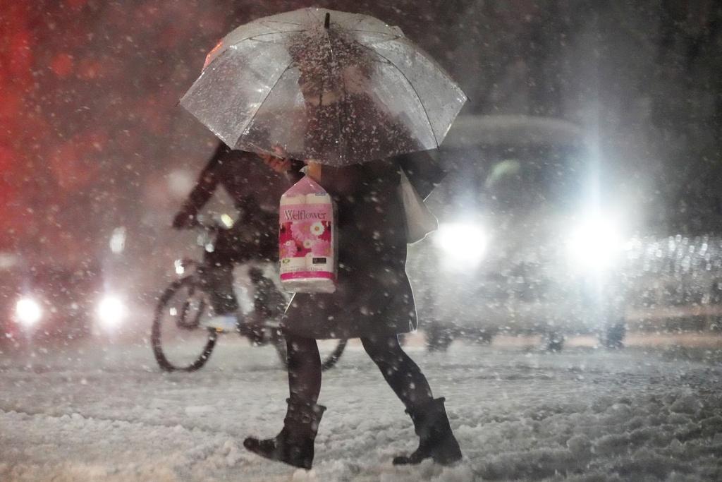 東京周一晚降大雪。(美聯社)