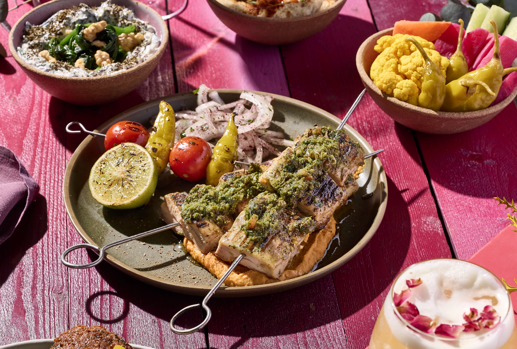 Grilled Whole Seabass香烤原條鱸魚配青豆、櫻桃番茄香草醬