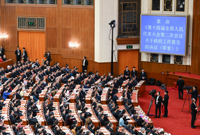 大會表決通過合共7項決議案及草案。其中總理李強的首份政府工作報告,以2,895票贊成、2票反對、3票棄權,高票獲得通過。(新華社)