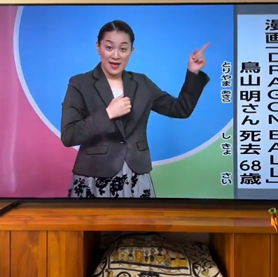 日本NHK教育頻道於手語新聞報道有關消息時,直接使出《龍珠》主角孫悟空招式「龜波氣功」來代表《龍珠》,引起熱話。(影片截圖)