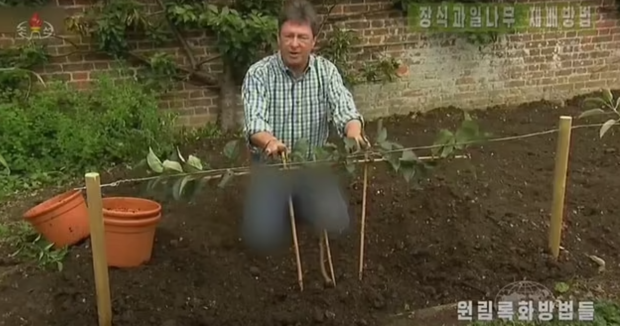 【2024】北韓中央電視台周一播出的片段,主持的牛仔褲被打格。(互聯網)