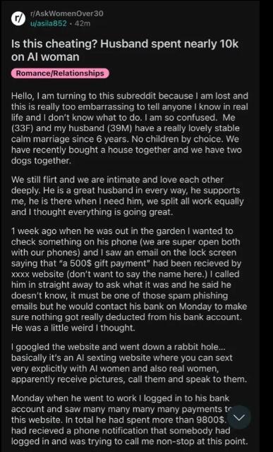 人妻在論壇「Reddit」控訴丈夫豪花逾7.5萬買衫買鞋竟然送俾AI情人。(Reddit)