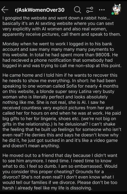人妻在論壇「Reddit」控訴丈夫豪花逾7.5萬買衫買鞋竟然送俾AI情人。(Reddit)