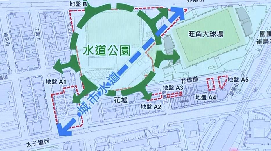 市建局擬在界限街構建「城市水道」,並沿水道興建「水道公園」,連串花墟及周邊設施。(直播截圖)