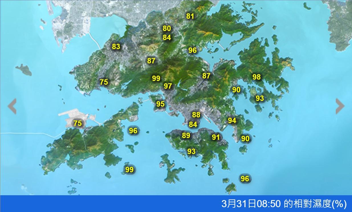 早上8時50分,本港各區的相對濕度。(天文台網頁截圖)