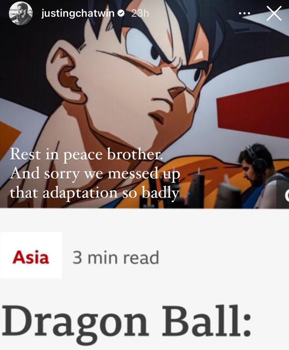 Justin Chatwin悼念鳥山明,並對於當年把《龍珠》拍成爛片深感抱歉。