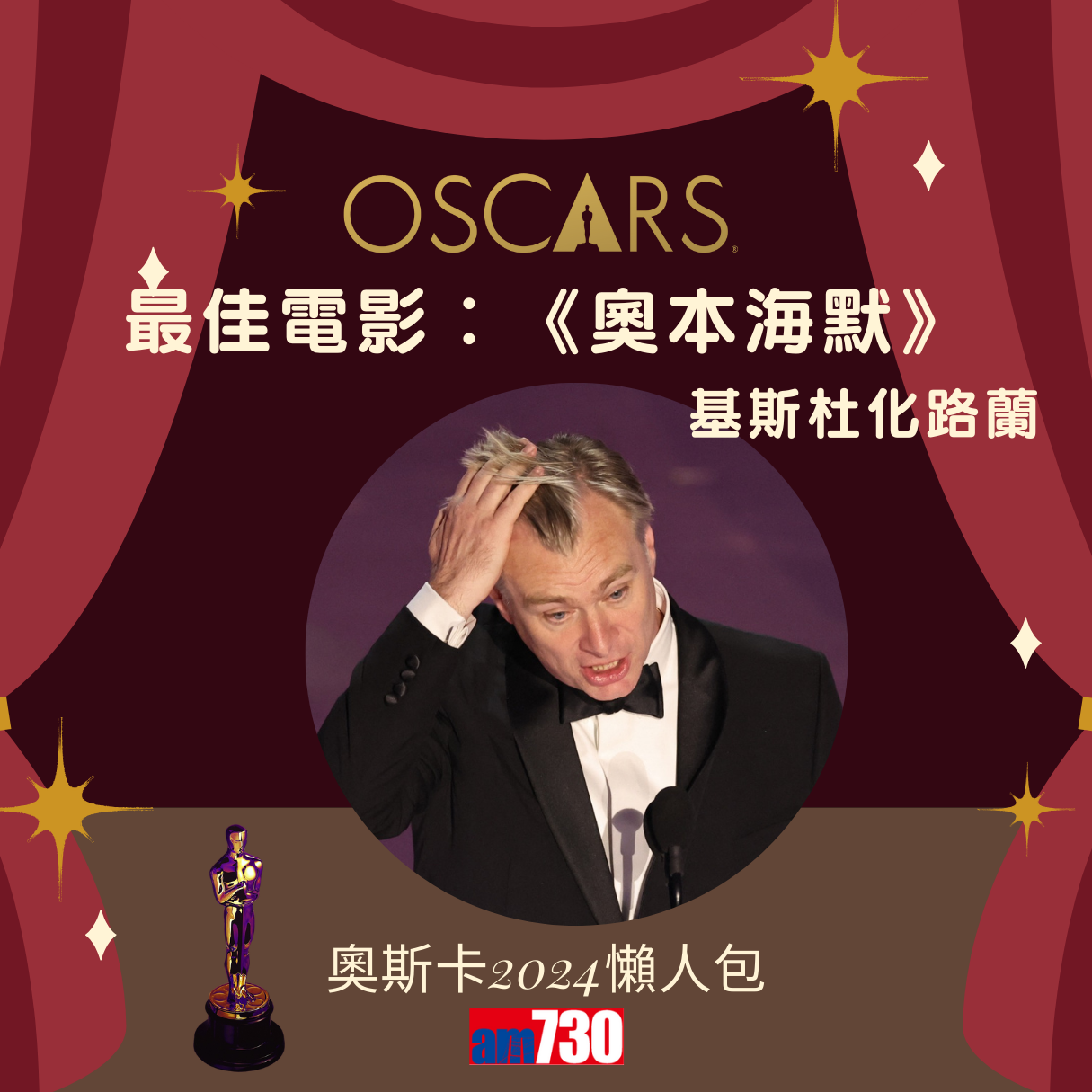 奧斯卡金像獎2024得獎名單,《奧本海默》成最佳電影 路蘭膺最佳導演 愛瑪史東Emma Stone榮獲影后(am730製圖)