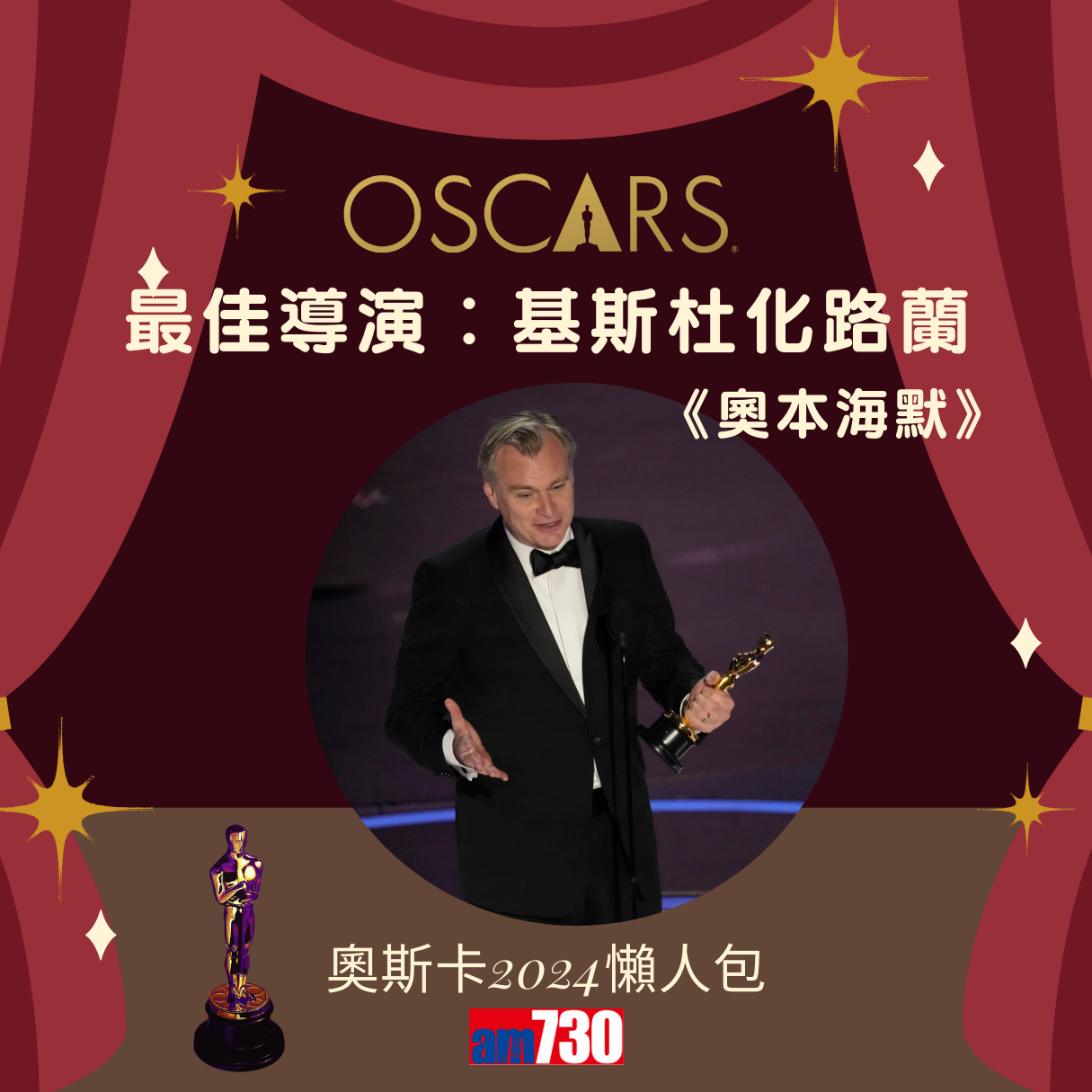 奧斯卡金像獎2024得獎名單,《奧本海默》成最佳電影 路蘭膺最佳導演 愛瑪史東Emma Stone榮獲影后(am730製圖)