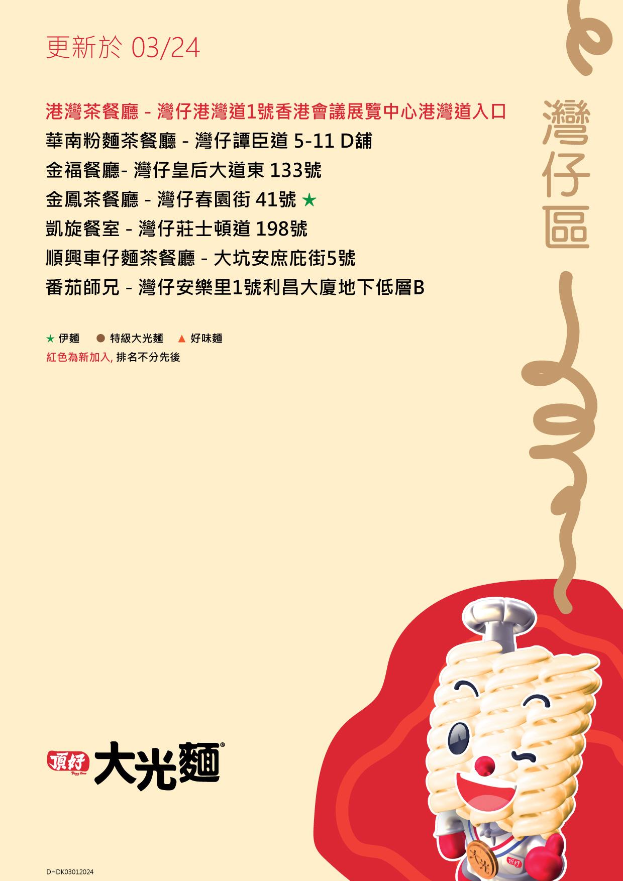 大光麵茶餐廳名單/零售點 香港島灣仔區名單包括港灣茶餐廳及金福餐廳等(頂好大光麵 FB)