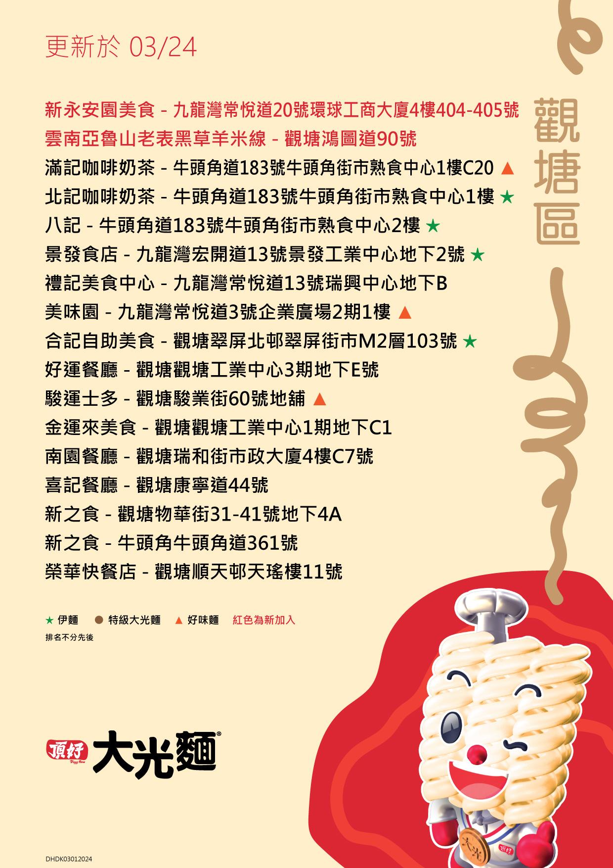 大光麵茶餐廳名單/零售點 九龍觀塘區名單包括好運餐廳、新之食等(頂好大光麵 FB)