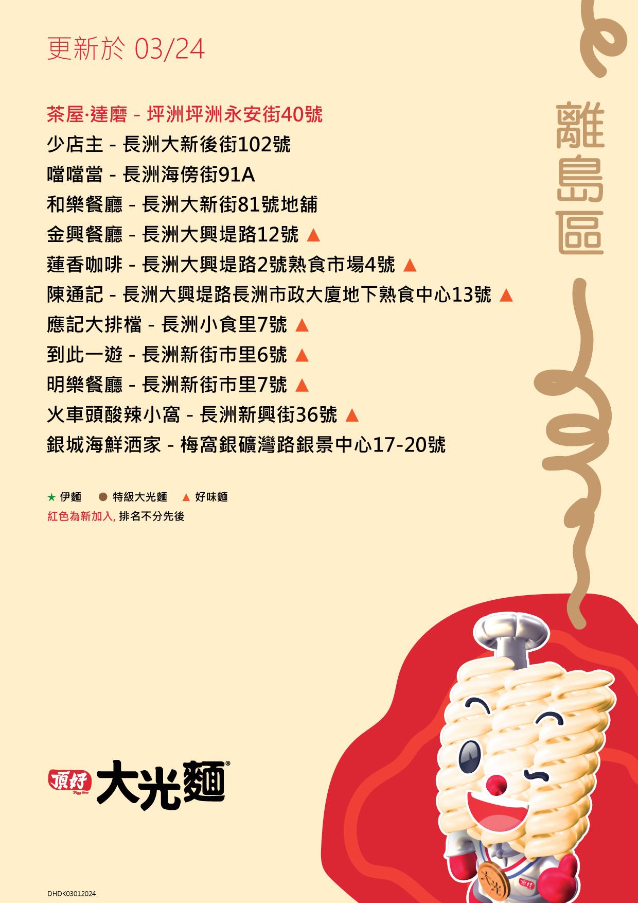 大光麵茶餐廳名單/零售點 新界離島區名單包括坪洲茶屋及長洲少店主等(頂好大光麵 FB)