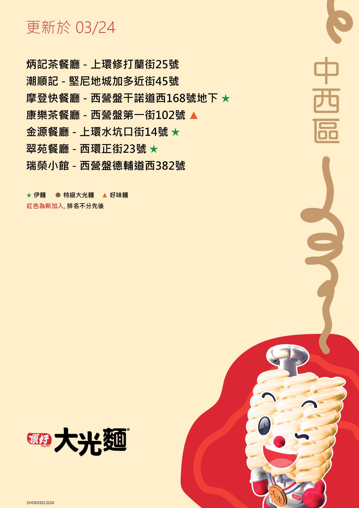 大光麵茶餐廳名單/零售點 香港島中西區名單包括康樂茶餐廳及摩登快餐廳等(頂好大光麵 FB)