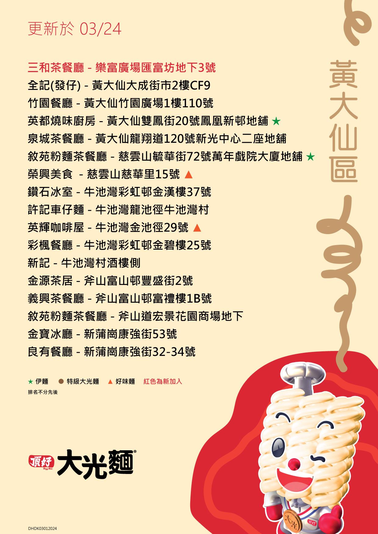 大光麵茶餐廳名單/零售點 九龍黃大仙區名單包括三和茶餐廳及竹園餐廳等(頂好大光麵 FB)