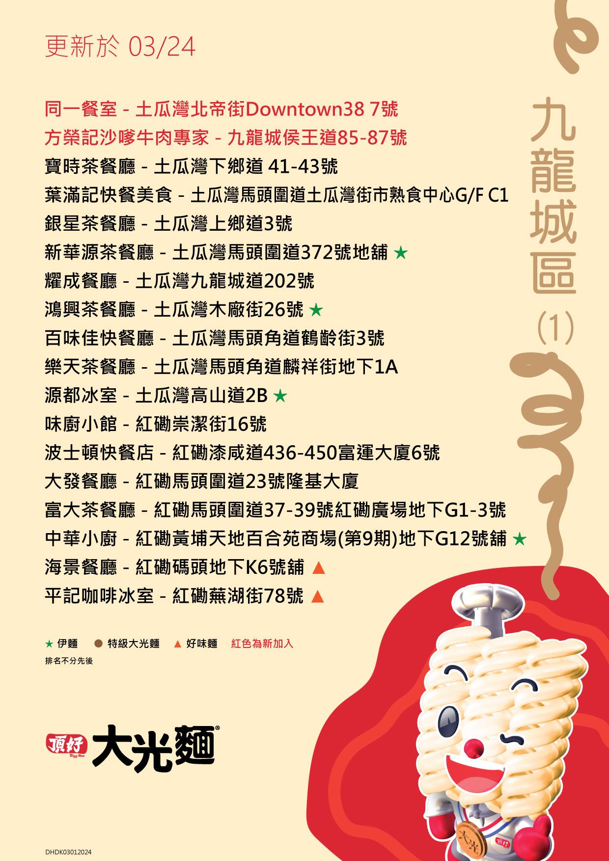 大光麵茶餐廳名單/零售點 九龍九龍城區名單包括方榮記及同一餐室等(頂好大光麵 FB)