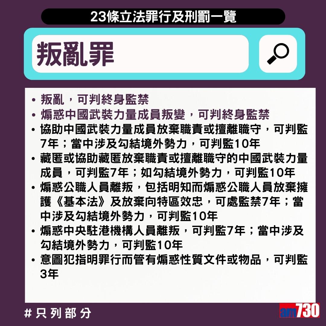 23條立法懶人包|3月23日生效,叛亂罪(am730製圖)