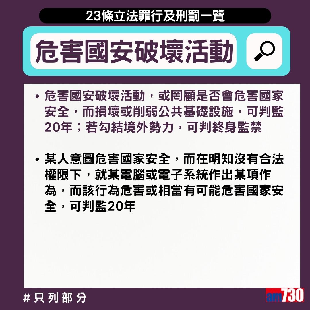23條立法懶人包|3月23日生效,危害國安的破壞活動(am730製圖)