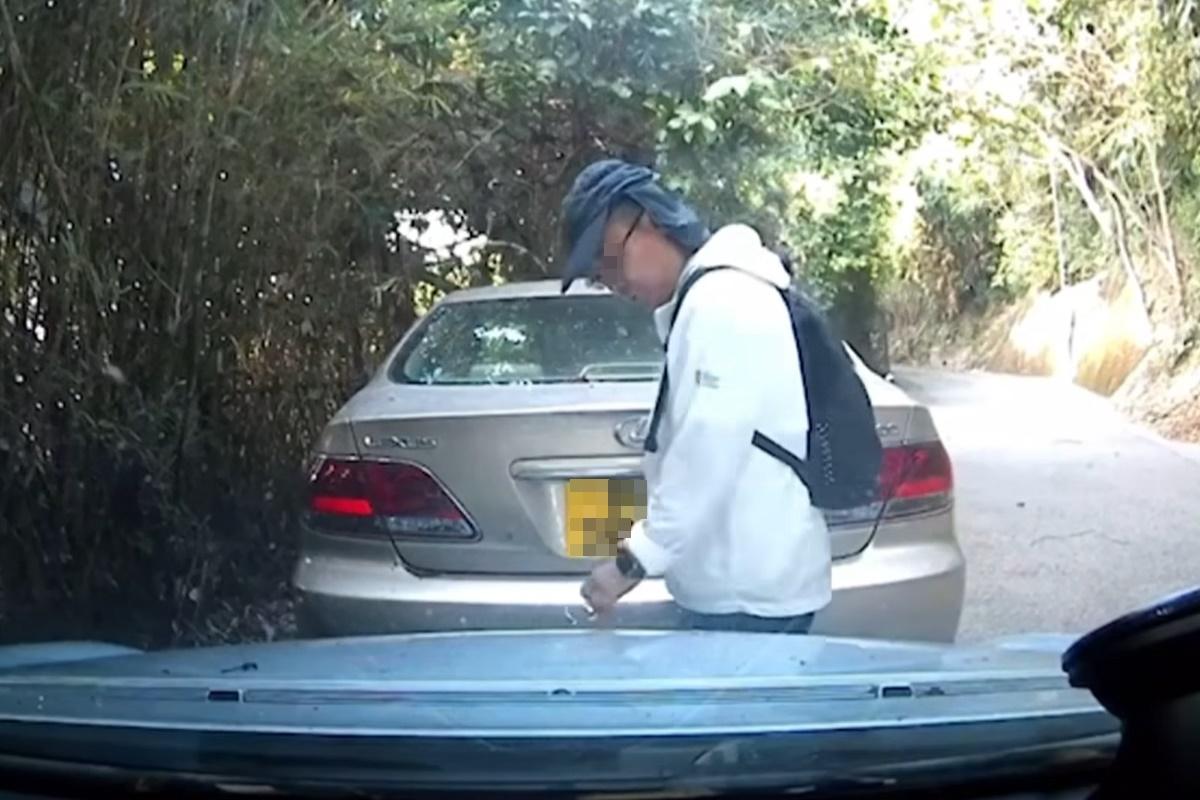 該名途人出手拉扯平治引擎蓋標誌。(網上片段截圖)