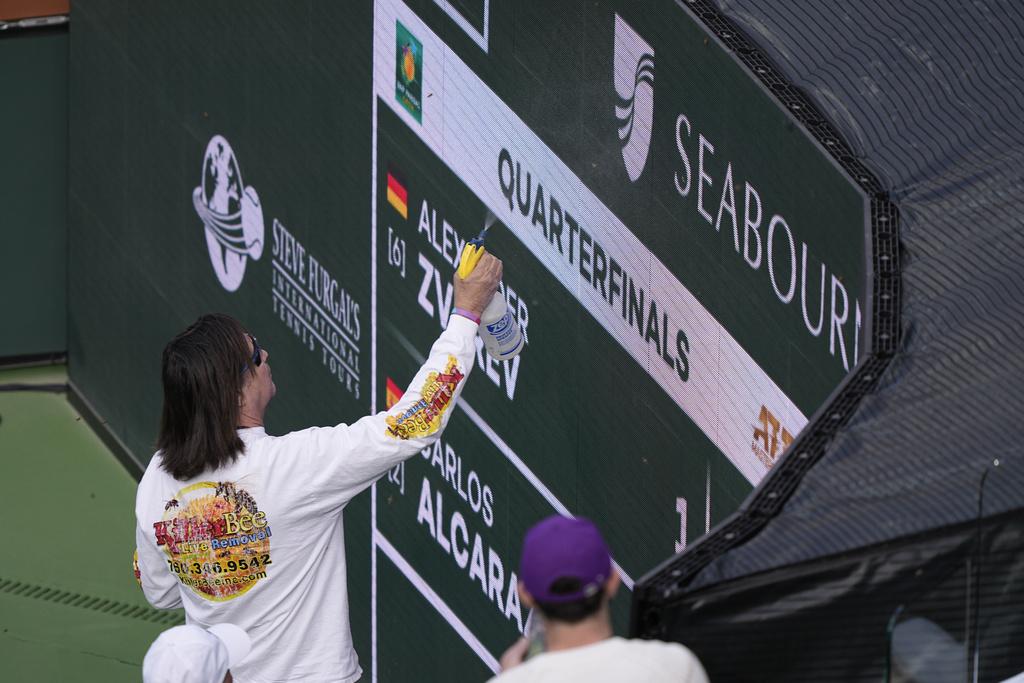 施維列夫與艾卡拉斯的比賽被蜜蜂干擾。(美聯社)