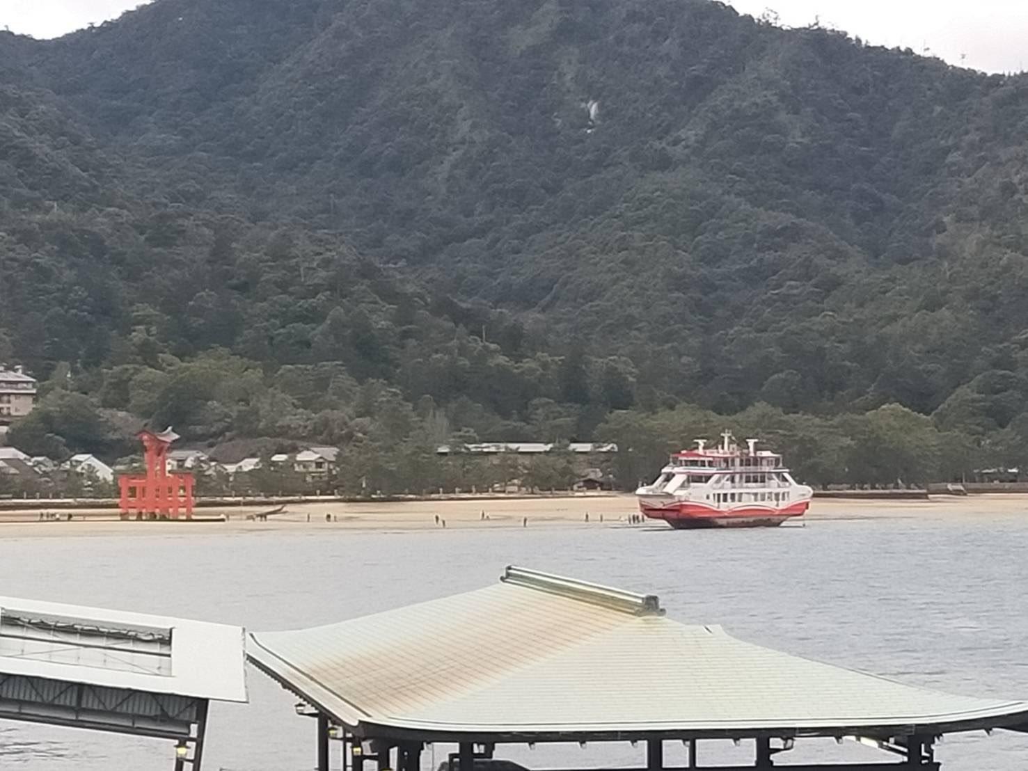 廣島宮島鳥居出現渡輪擱淺。(X)