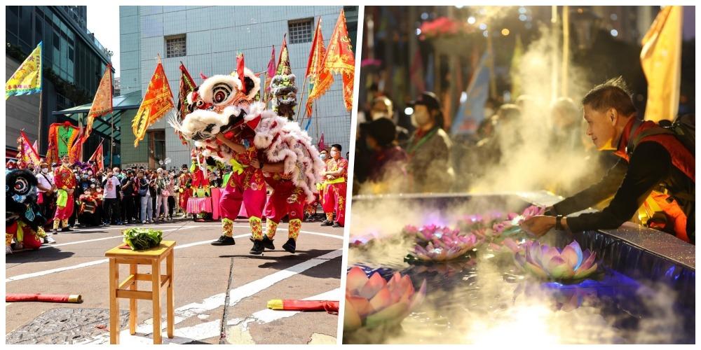 每年鴨脷洲都會舉行「鴨脷洲洪聖傳統文化節」,連串活動包括祭祀儀式、醒獅採青(左圖)、放水燈祈福(右圖)、龍舟拜廟、洪聖大王巡遊、神功戲、麒麟匯演巡遊等等。(圖片來源:香港旅遊發展局官方網站)