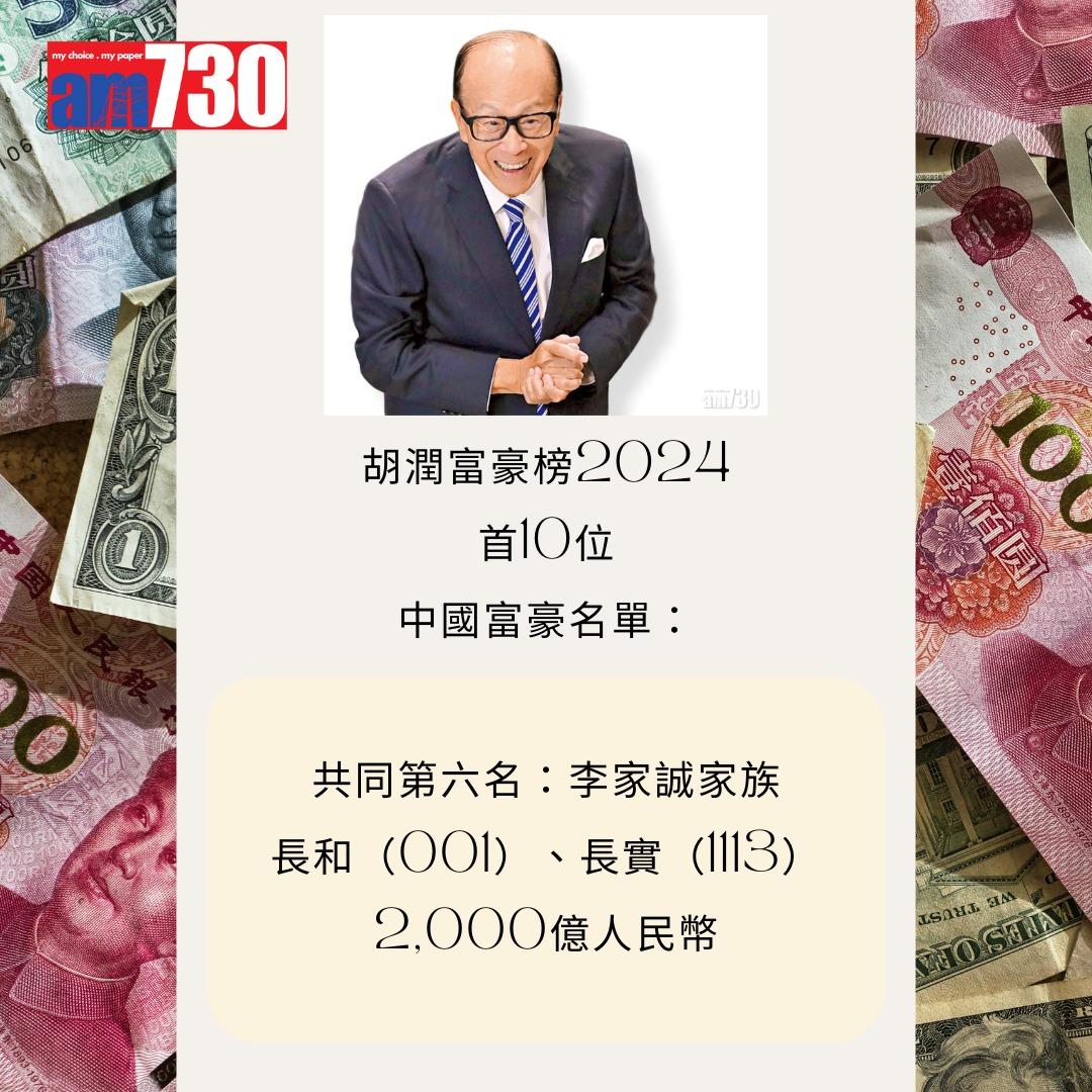 胡潤富豪榜2024首10位中國富豪名單