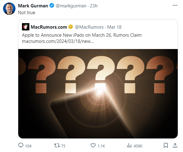 iPad Pro|彭博記者Mark Gurman在X上斷言說3月26日發布日只屬謠言。