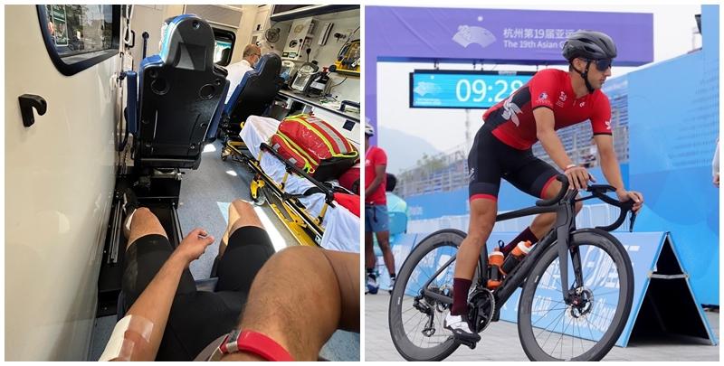 在杭州亞運三項鐵人混合接力賽中獲得銅牌的香港三項鐵人運動員伍泰龍,上星期三(2月21日)於沙頭角路進行單車訓練騎行途中,遭一輛黃色雙層巴士撞跌,導致手腳擦傷,涉事巴士未有停車並離開。(伍泰龍fb)