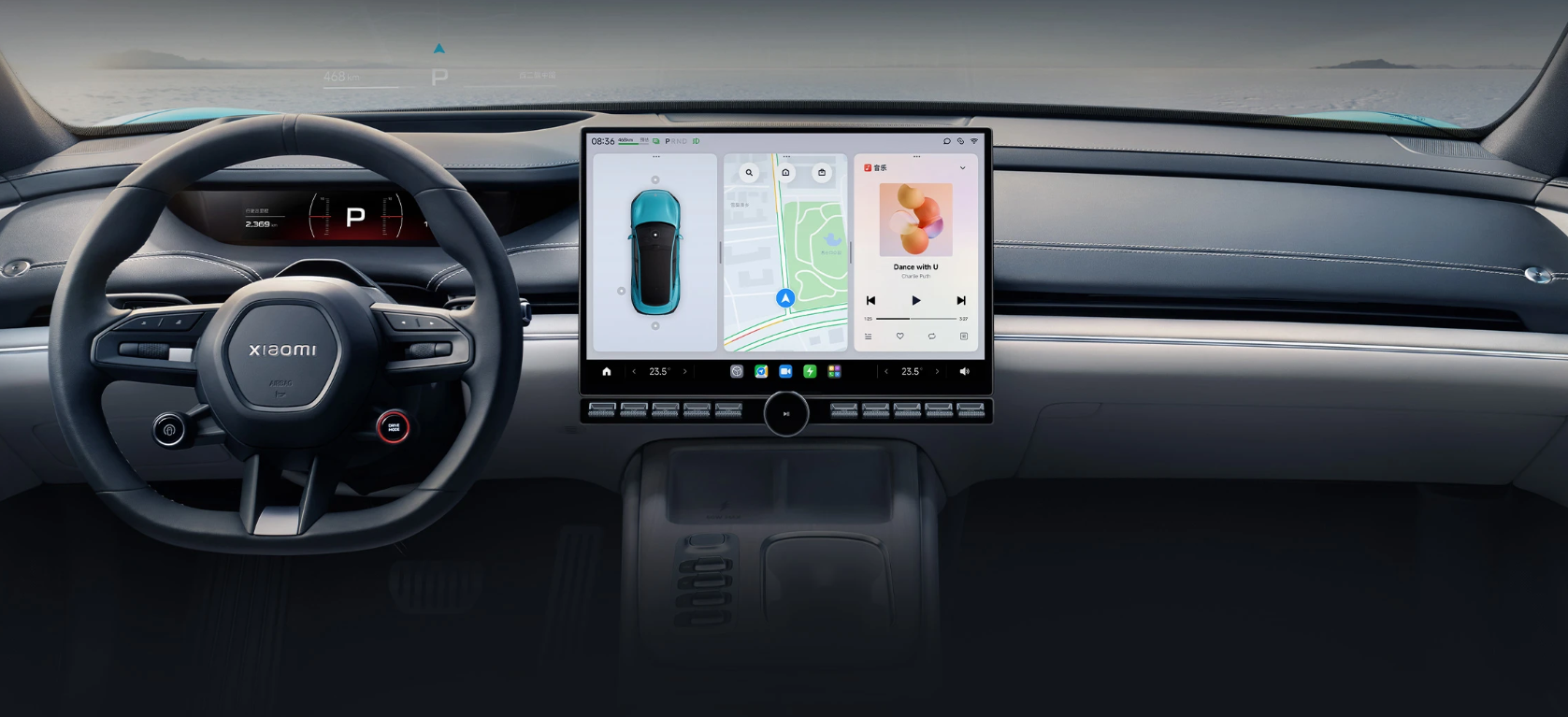 車內中控台佈局簡約設計似Tesla,有保留部分實體鍵。