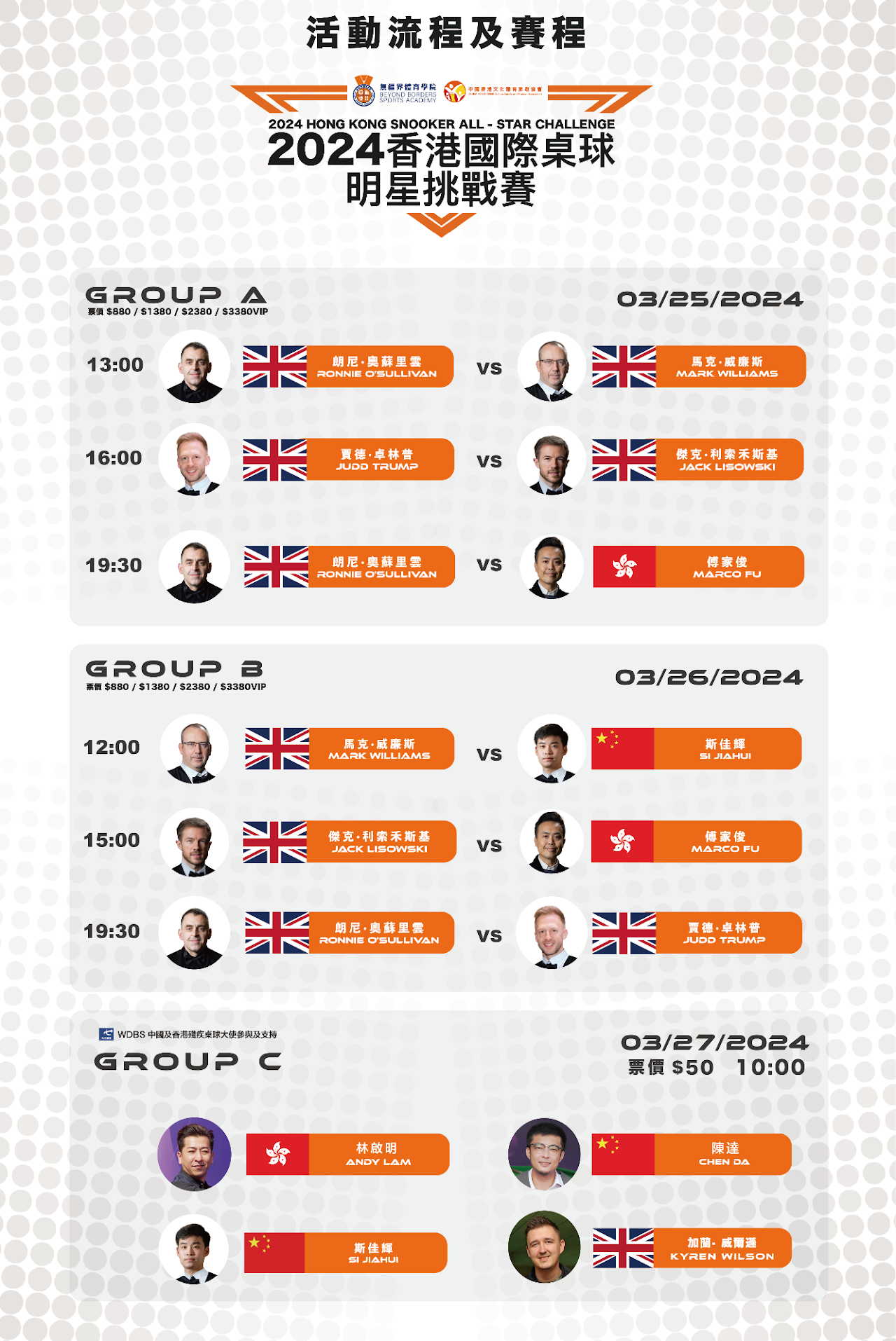 2024香港國際桌球明星挑戰賽賽程,奧蘇利雲今日一日兩賽。(官網)