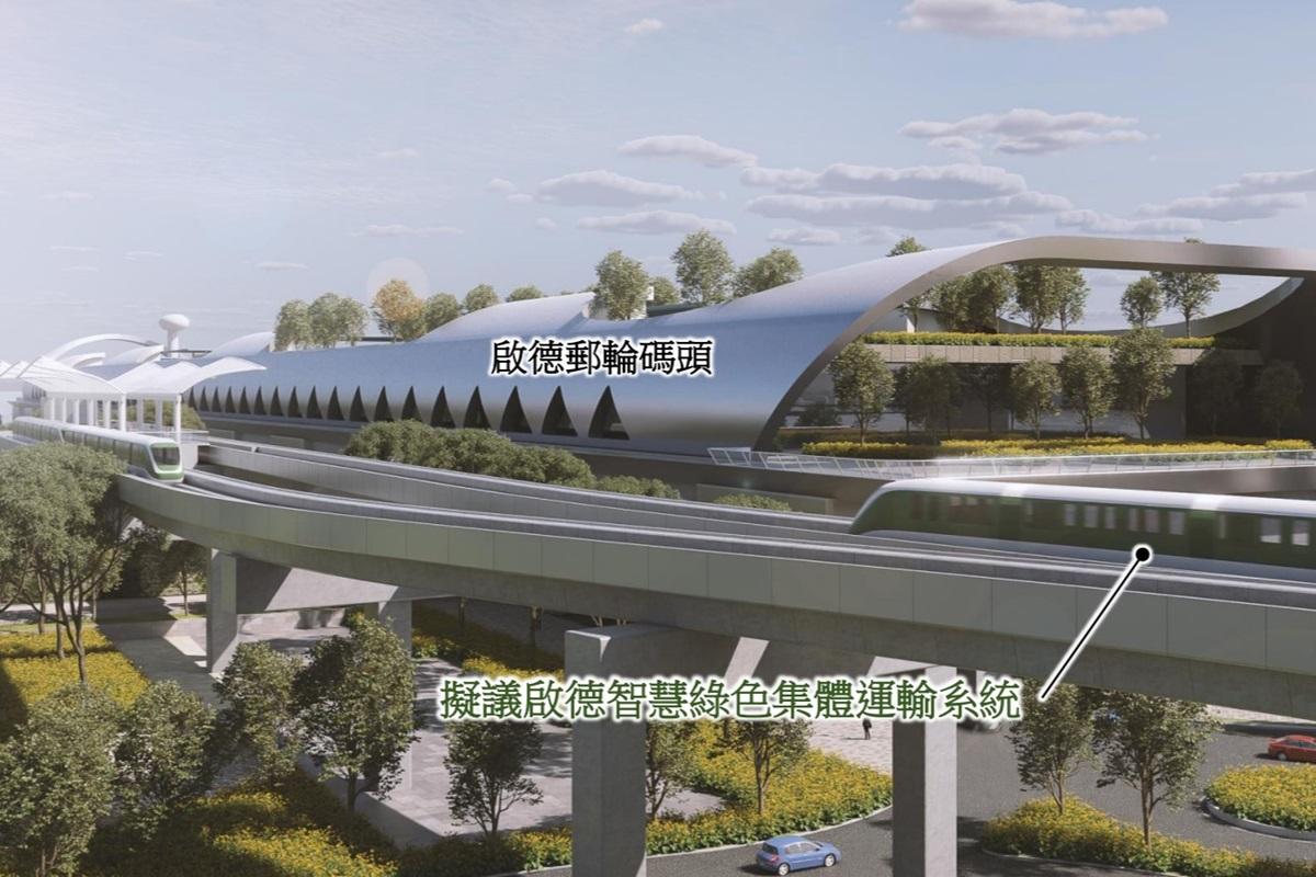 啟德智慧綠色集體運輸系統擬建走線曝光,模擬圖顯示系統在啟德郵輪碼頭外設有車站。(土木工程拓展署文件截圖)